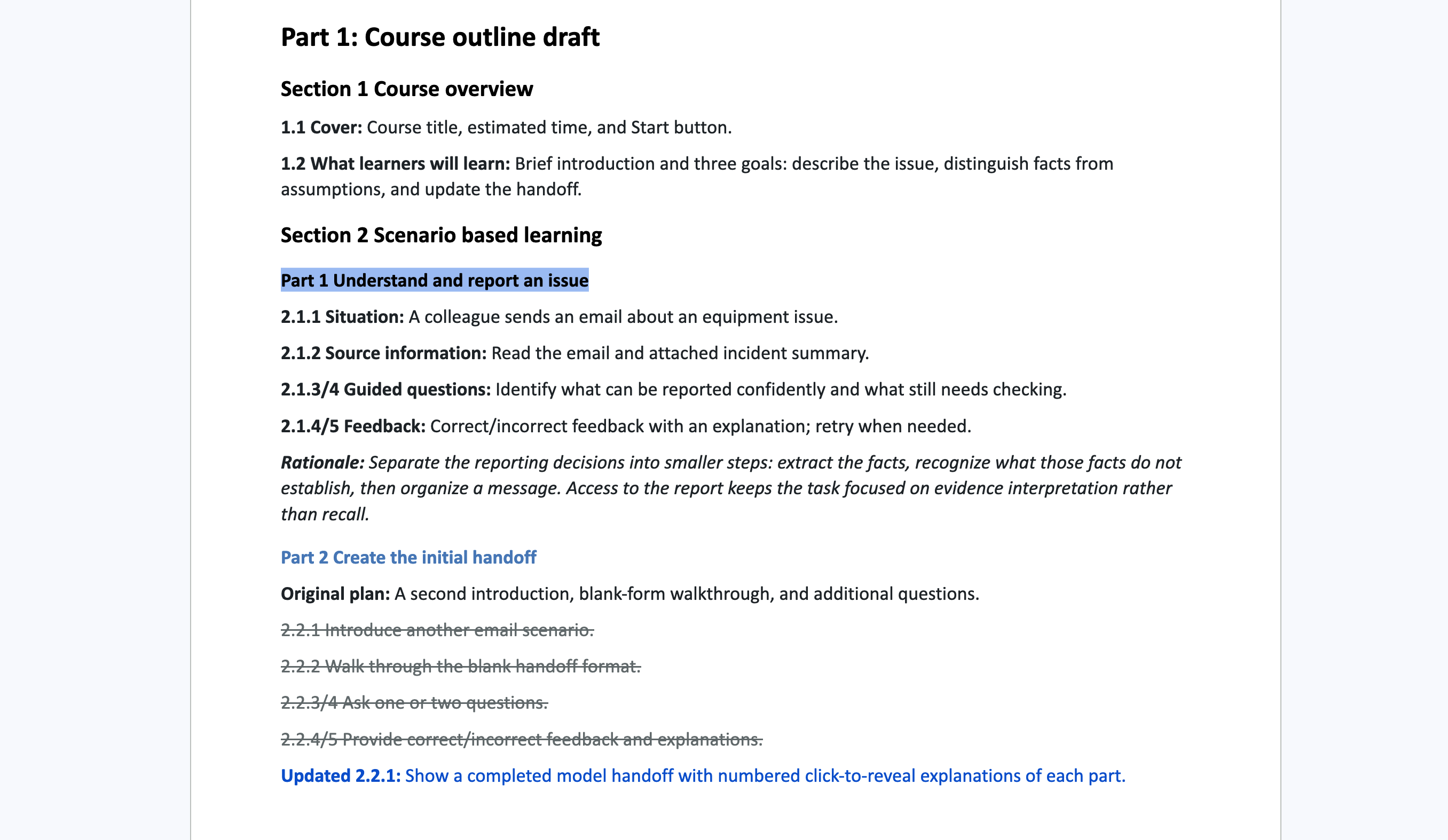 Course outline draft showing the course overview, a highlighted plan for understanding and reporting an issue, and Part 2 with struck-through original handoff steps plus a later note for a model handoff.